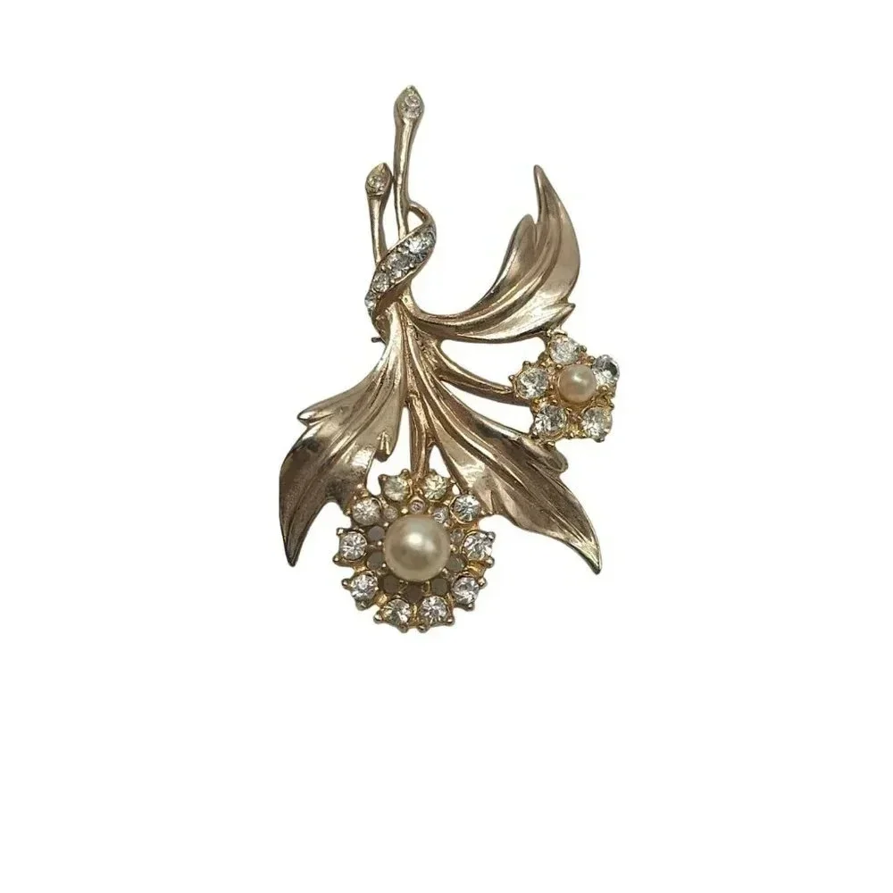 Heavy High Quality Faux Pearl Rhinestone Floral Brooch Pin Gold Tone Vintage
